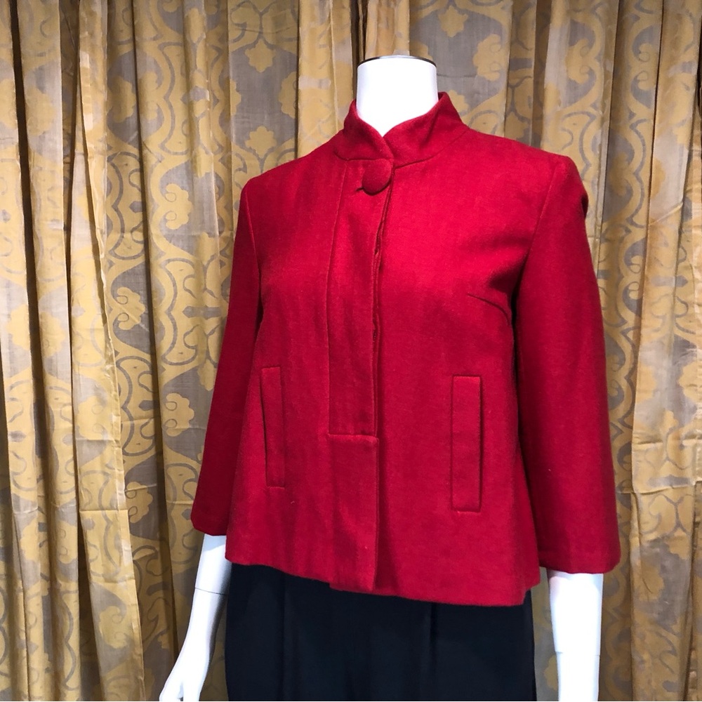 Vintage Paris Blues Red Wool Cropped Sleeve Blazer w/ Mandarin Band Collar